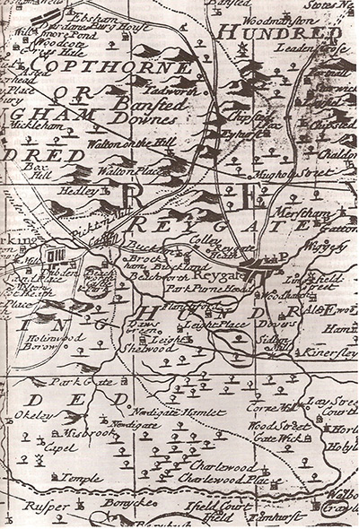Map showing the Reygate (Reigate) Hundred and adjacent Hundreds, circa 1720